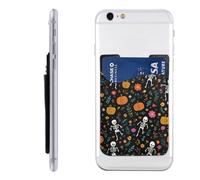 Raunew Phone Wallet Stick On, Cute Skeletons Pumpkins Flowers Bones | Cell Phone Card Holder Pocket for Back Adhesive Credit Card Holder Non-Slip Of Phone Case for All Smartphones, Fit 4 Cards