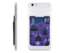 Raunew Phone Wallet Stick On, Halloween Haunted Castles Pumpkins Bats Cartoon Cell Phone Card Holder Pocket for Back Adhesive Credit Card Holder Non-Slip of Phone Case for All Smartphones, Fit 4 Cards