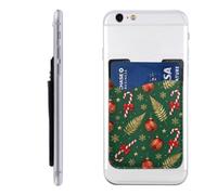 Raunew Phone Wallet Stick On, Red Christmas Ball Candy Cane Leaves | Cell Phone Card Holder Pocket for Back Adhesive Credit Card Holder Non-Slip Of Phone Case for All Smartphones, Fit 4 Cards