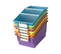 RAUVOLFIA 6 Pack Book Library Bins with Dividers, Plastic Shelf Bin Organizer for Classroom Library, Book, Documents, Files, Magazines (Neon)