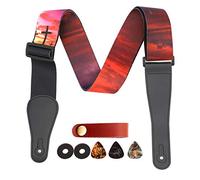 RAUYIVANY Guitar Strap, Sunset Cross Print Pattern with Leather End Guitar Straps, Adjustable Length, with Strap Lock + Button + 3 Picks for Acoustic, Electric, Sunset Red, Large