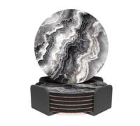 RAV3 Round Coasters Set of 6- Marble Effect Printed Drink Coasters with Cork Base- Cold and Hot Resistant, Anti- Slip Coasters with Holder (MRB-1-RD) - Charcoal & Grey