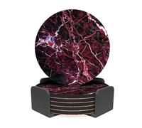 RAV3 Round Coasters Set of 6- Marble Effect Printed Drink Coasters with Cork Base- Cold and Hot Resistant, Anti- Slip Coasters with Holder (MRB-1-RD) - Maroon & Black