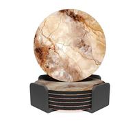 RAV3 Round Coasters Set of 6- Marble Effect Printed Drink Coasters with Cork Base- Cold and Hot Resistant, Anti- Slip Coasters with Holder (MRB-1-RD) - Cream & Brown