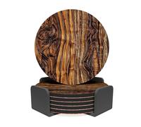 RAV3 Round Coasters Set of 6- Wood Grain Effect Printed Drink Coaster with Cork Base- Cold and Hot Resistant, Anti- Slip Coasters with Holder (WOD-1-RD) - Natural Grain