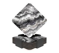 RAV3 Square Coasters Set of 6- Marble Effect Printed Drink Coasters with Cork Base- Cold and Hot Resistant, Anti- Slip Coasters with Holder (MRB-1-SQ) - Charcoal & Grey
