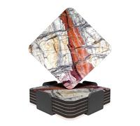 RAV3 Square Coasters Set of 6- Marble Effect Printed Drink Coasters with Cork Base- Cold and Hot Resistant, Anti- Slip Coasters with Holder (MRB-1-SQ) - Grey & Orange