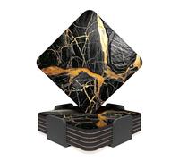 RAV3 Square Coasters Set of 6- Marble Effect Printed Drink Coasters with Cork Base- Cold and Hot Resistant, Anti- Slip Coasters with Holder (MRB-1-SQ) - Black & Golden Yellow