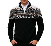 Rave on Friday Men's Half Zip Jumpers Fairisle Knitted Sweater Winter Warm Norwegian Jumpers Long Sleeve Retro Slim Fit Pullover Icelandic Jumper Black L