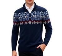 Rave on Friday Men's Half Zip Jumpers Fairisle Knitted Sweater Winter Warm Norwegian Jumpers Long Sleeve Retro Slim Fit Pullover Icelandic Jumper Navy Blue L