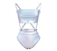 Rave Outfits for Women, Shiny 2 Pieces Holographic Tube Top Sparkly Suspender Bottom Metallic Set 80s 90s Rave Festival Disco Dance Party Club Night Bodysuit Costume Holographic Silver XL