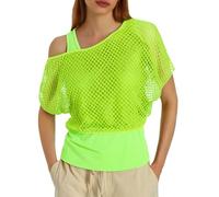 Rave Outfits Women 80s Neon Mesh Top Fishnet T Shirts Sheer Off Shoulder Tops and Vest 2 Pieces Set Party Outfit Sexy Disco Clothes Y2K Gothic Tops Retro 90s 80s Party Costume Fancy Dress