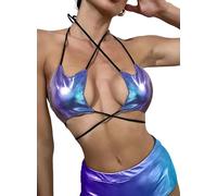 Rave Star Top for Women - EDC Festival Sexy Halter Party Dance Bra Backless Strappy Crisscross Wrap Tie Outfits, Blue Holographic, Large