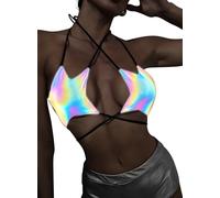 Rave Star Top for Women - Sexy Halter Party Dance Bra Backless Strappy Crisscross Wrap Tie Music Festival Outfit(Holographic,XS,1078r)