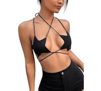 Rave Star Top for Women - Sexy Halter Party Dance Bra Backless Strappy Crisscross Wrap Tie Music Festival Outfit(Black,XS,1078r)