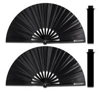 Raveahem 2 Pack Large Folding Hand Fans, Bamboo Handheld Rave Fan Wedding Fan Bamboo Frame Thickened Smooth Fabric for Cooling Decoration Women Men Gril Boy Gift, 13.8" Black