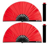 Raveahem 2 Pack Large Folding Hand Fans, Bamboo Handheld Rave Fan Wedding Fan Bamboo Frame Thickened Smooth Fabric for Cooling Decoration Women Men Gril Boy Gift, 13.8" Red