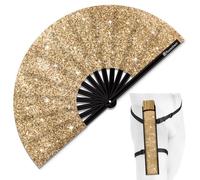 Raveahem Glitter Large Rave Folding Clack Hand Fan with Holster, Boots on the Ground Popping Handheld Fan Foldable for Men Women for EDM Festival Club Party Dance, (Champagne, Medium 11")