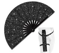 Raveahem Glitter Large Rave Folding Clack Hand Fan with Holster, Popping Handheld Fan Foldable for Men Women for EDM Festival Club Party Dance, (Black, Medium 11")