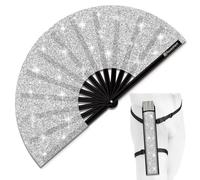 Raveahem Glitter Large Rave Folding Clack Hand Fan with Holster, Popping Handheld Fan Foldable for Men Women for EDM Festival Club Party Dance, (Silver, Medium 11")