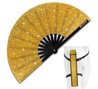 Raveahem Glitter Large Rave Folding Clack Hand Fan with Holster, Popping Handheld Fan Foldable for Men Women for EDM Festival Club Party Dance, (Golden, Large 13")