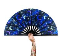 Raveahem Large Folding Fan, 13 Inch Clack Rave Fan Hand Held Fan for Women Men with Premium Satin Fabric, Thick Bamboo Frame for EDM, Music Festival, Party, Dance, Decoration, Gift (Luna Pulse)