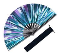 Raveahem Large Rave Fan, Clack Folding Hand Fan with Premium Fabric, Thick Bamboo Frame for Men Women Gift for EDM, Festival, Club, Party, Dance, Decoration (Holographic Blue-Purple, 13")