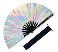 Raveahem Large Rave Fan, Clack Folding Hand Fan with Premium Fabric, Thick Bamboo Frame for Men Women Gift for EDM, Festival, Club, Party, Dance, Decoration (Holographic Silver, 13")