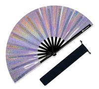 Raveahem Large Rave Fan, Clack Folding Hand Fan with Premium Fabric, Thick Bamboo Frame for Men Women Gift for EDM, Festival, Club, Party, Dance, Decoration (Lridescent Purple, 13")