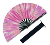 Raveahem Large Rave Fan, Clack Folding Hand Fan with Premium Fabric, Thick Bamboo Frame for Men Women Gift for EDM, Festival, Club, Party, Dance, Decoration (Lridescent Pink, 13")
