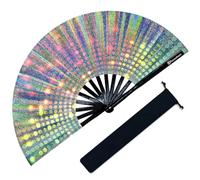 Raveahem Large Rave Fan, Clack Folding Hand Fan with Premium Fabric, Thick Bamboo Frame for Men Women Gift for EDM, Festival, Club, Party, Dance, Decoration (Lridescent Light, 13")