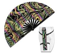 Raveahem Lridescent Holographic Large Rave Bamboo Folding Clack Hand Fan With Holster for Men/Women Handheld Fan for EDM,Music Festival,Club,Freaky,Party,Dance,Performance,Decoration,Gift