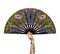 Raveahem UV Glow Rave Fan, Bamboo Folding Clack Hand Fans Foldable for Men Women, Boots on the Ground Poping Fan for EDM Festival Line Dance Decoration, (Space Psychedelic, Large 13")