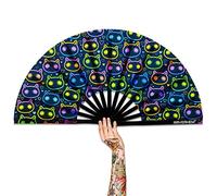 Raveahem UV Glow Rave Fan, Bamboo Folding Clack Hand Fans Foldable for Men Women, Boots on the Ground Poping Fan for EDM Festival Line Dance Decoration, (Cute Cat, Large 13")