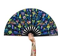 Raveahem UV Glow Rave Fan, Bamboo Folding Clack Hand Fans Foldable for Men Women, Poping Fan for EDM Festival Line Dance Decoration, (Mushrooms and Skulls, Large 13")