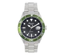 Ravel Plus - Men's 42mm Round 5ATM Calendar Watch Rotating Uni-Directional Bezel and Sapphire Coated Lens - Japanese Analogue Quartz - RPD-010MB - Stainless Steel/Green Bezel