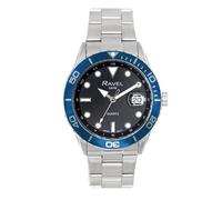 Ravel Plus - Men's 42mm Round 5ATM Calendar Watch Rotating Uni-Directional Bezel and Sapphire Coated Lens - Japanese Analogue Quartz - RPD-011MB - Stainless Steel/Blue Bezel