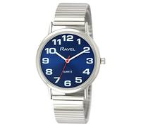 Ravel Unisex Easy Read Watch with Big Numbers on Stainless Steel Expander Bracelet - Silver Tone/Blue Dial