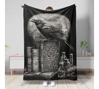 Raven and Ancient Books Blanket, Black Mystical Art Throw Blanket, Soft Plush Fleece for Home, Camping, Travel, All Seasons, Gothic Decor 60x80 Inch