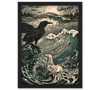 Artery8 Raven and Crashing Waves Coastal Sunrise Landscape Artwork Framed Wall Art Print A4