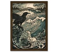 Raven and Crashing Waves Coastal Sunrise Landscape Artwork Framed Wall Art Print A4 Artery8 Brown One Size