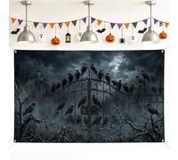 Raven Backdrop, Spooky Gothic Iron Gate Tree Branch Halloween Black Photo Backdrop for Indoor Outdoor Party Event Celebration Decor 71x43 Inch