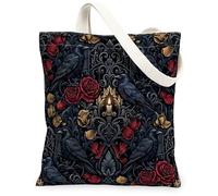 Raven Canvas Tote Bag for Women, Gothic Victorian Rose Candle Fall Black Washable Reusable Grocery Bags for Shopping Brunch, Black, 13x15 Inch