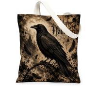 Raven Canvas Tote Bag, Gothic Dark Feathers Castle Halloween Black Small Tote Bag 13x15 Inch, Black, 13x15 Inch