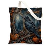 Raven Canvas Tote Bag, Gothic Mystical Pumpkins Mirror Halloween Black Aesthetic Tote Bag 13x15 Inch, Black, 13x15 Inch