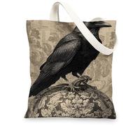 Raven Canvas Tote Bags, Vintage Black Bird Design Reusable Grocery Bags, Elegant Lightweight Washable Shoulder Strap Canvas Bags for Gym Outdoor Travel Beach Picnic 13x15 Inch