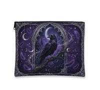 Raven Canvas with Zipper, Gothic Mystical Crescent Moon Feather Halloween Violet Portable with Zipper Mini Makeup Bag for Travel, Purse, Bathroom, Vanity and Daily Storage, Purple, 7x9 Inch, Gothic