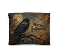 Raven Canvas with Zipper, Gothic Mystical Moon Leaves Halloween Black Canvas with Zipper Mini Makeup Bag for Travel, Bathroom, Vanity Organizer and Purse Storage, Black, 7x9 Inch, Gothic