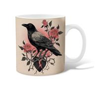 Raven Ceramic Coffee Mug, Gothic Dark Roses Thorns Halloween Black Novelty Hot Chocolate Mug with Handle Gift for Friends Family Coworkers Teachers Couples Employees 11 Oz