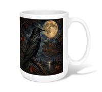 Raven Ceramic Coffee Mug, Gothic Spooky Moon Tree Halloween Black Novelty Hot Chocolate Mug with Handle Ideal for Friendship Family Colleague Staff Sweetheart Teachers 15 Oz